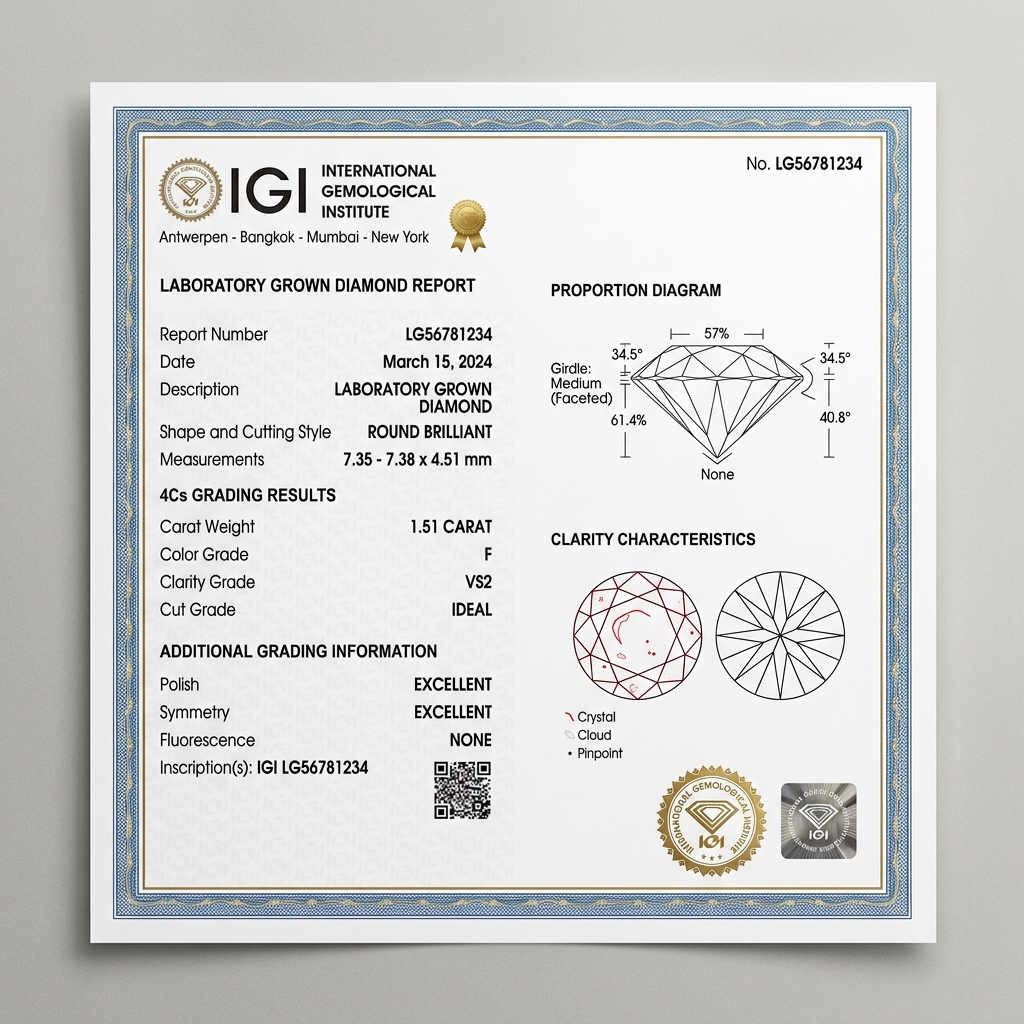 Official White IGI Diamond Grading Certificate